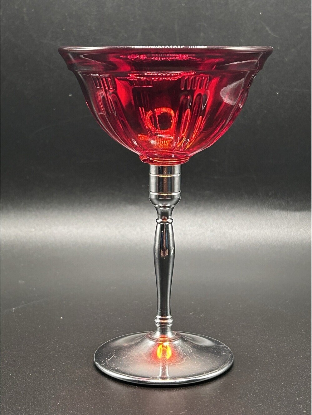Vintage Martinsville Ruby Red Elegant Glass Chrome Stem  5 1/4" Wine Glass
